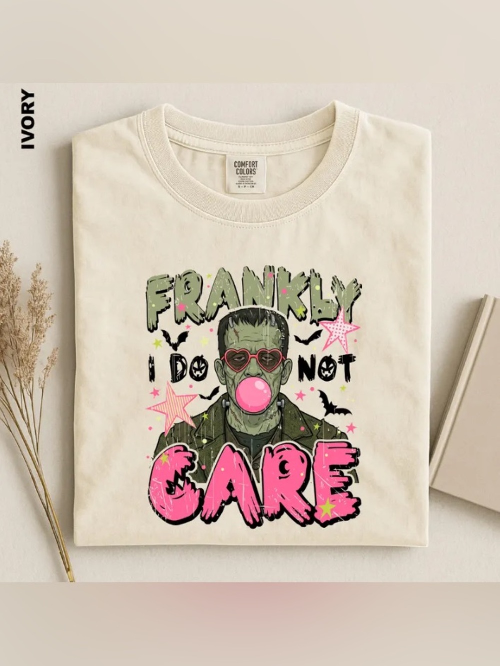 Frankly I Do Not Care T-Shirt, Frankenstein Bubblegum Comfort Color Tee